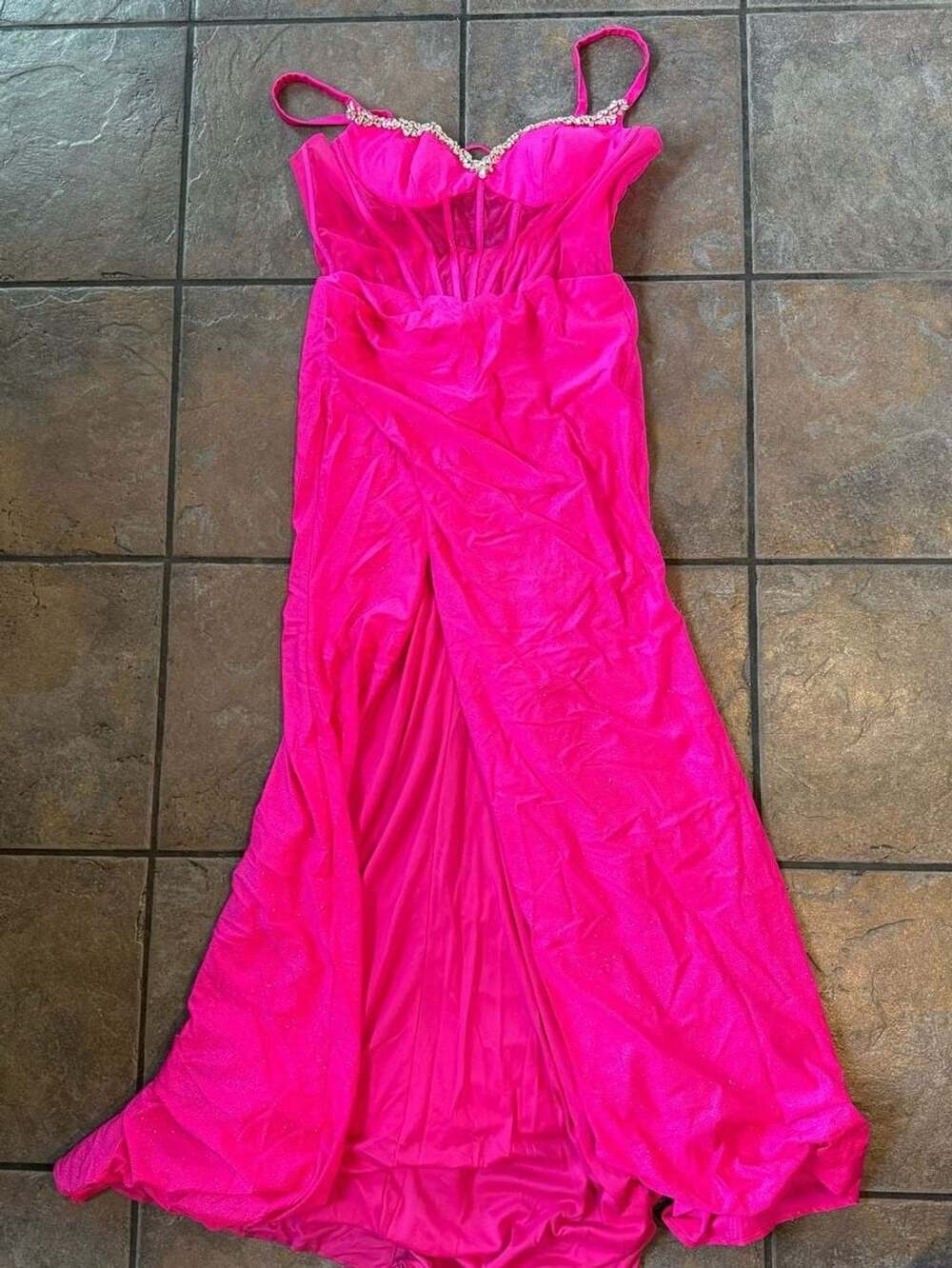 Neon Hot Pink Glitter Corset Gown with Rhinestone Bodice and Lace-Up Back